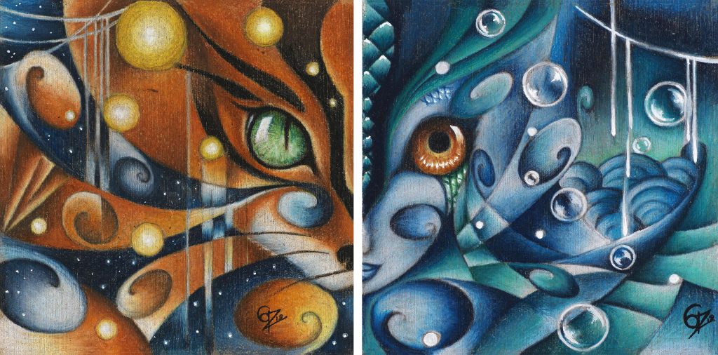 diptych foxy and naïad_deep blue abstract ocean_amber eye_semi-face naïad_ amber orange fox_green eye